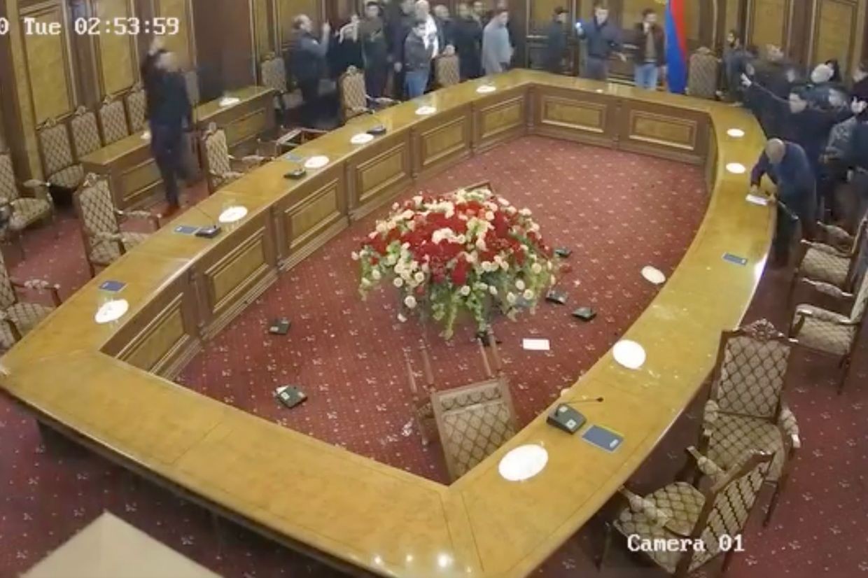 Screengrab from security camera footage of the ransacking of the Armenian government building on November 10, 2020.
