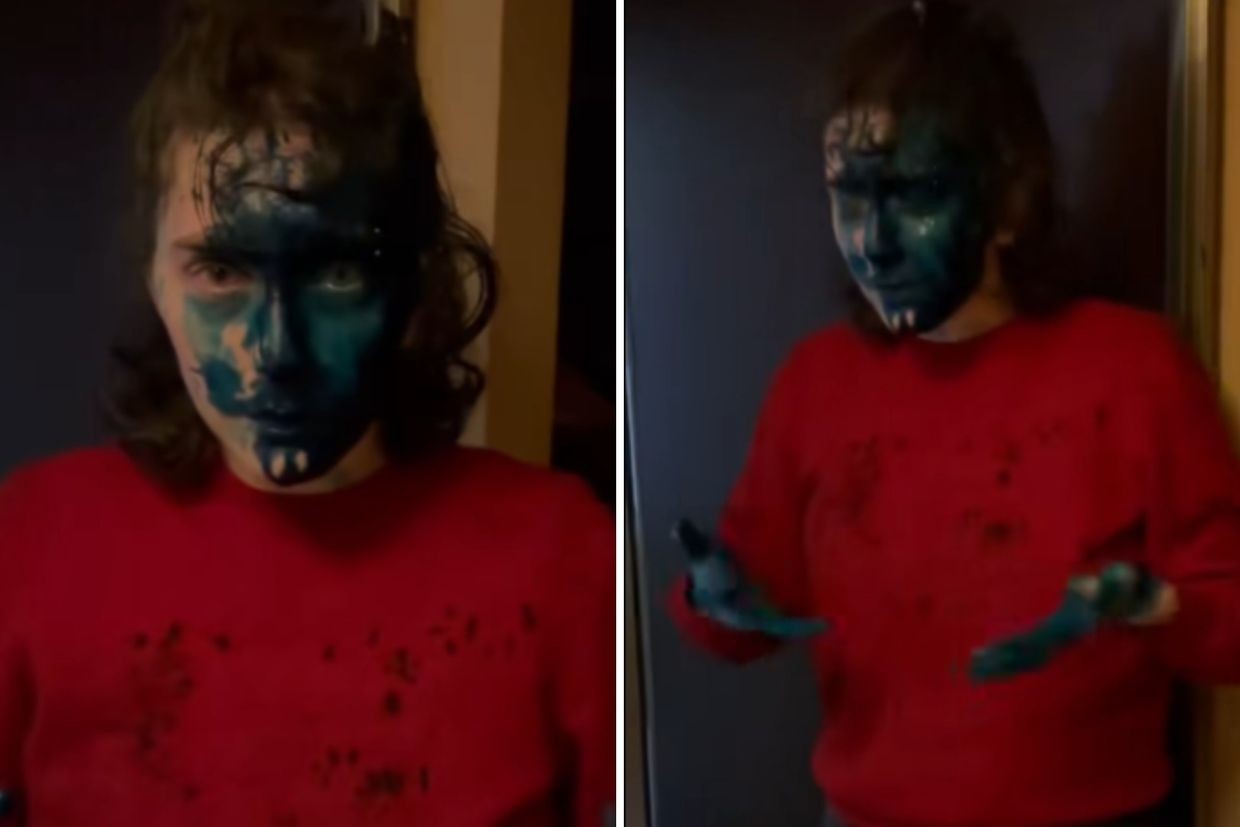 Salome Sarishvili pelted with dye after the attack. Screengrab from Nutsa Makharadze’s video.