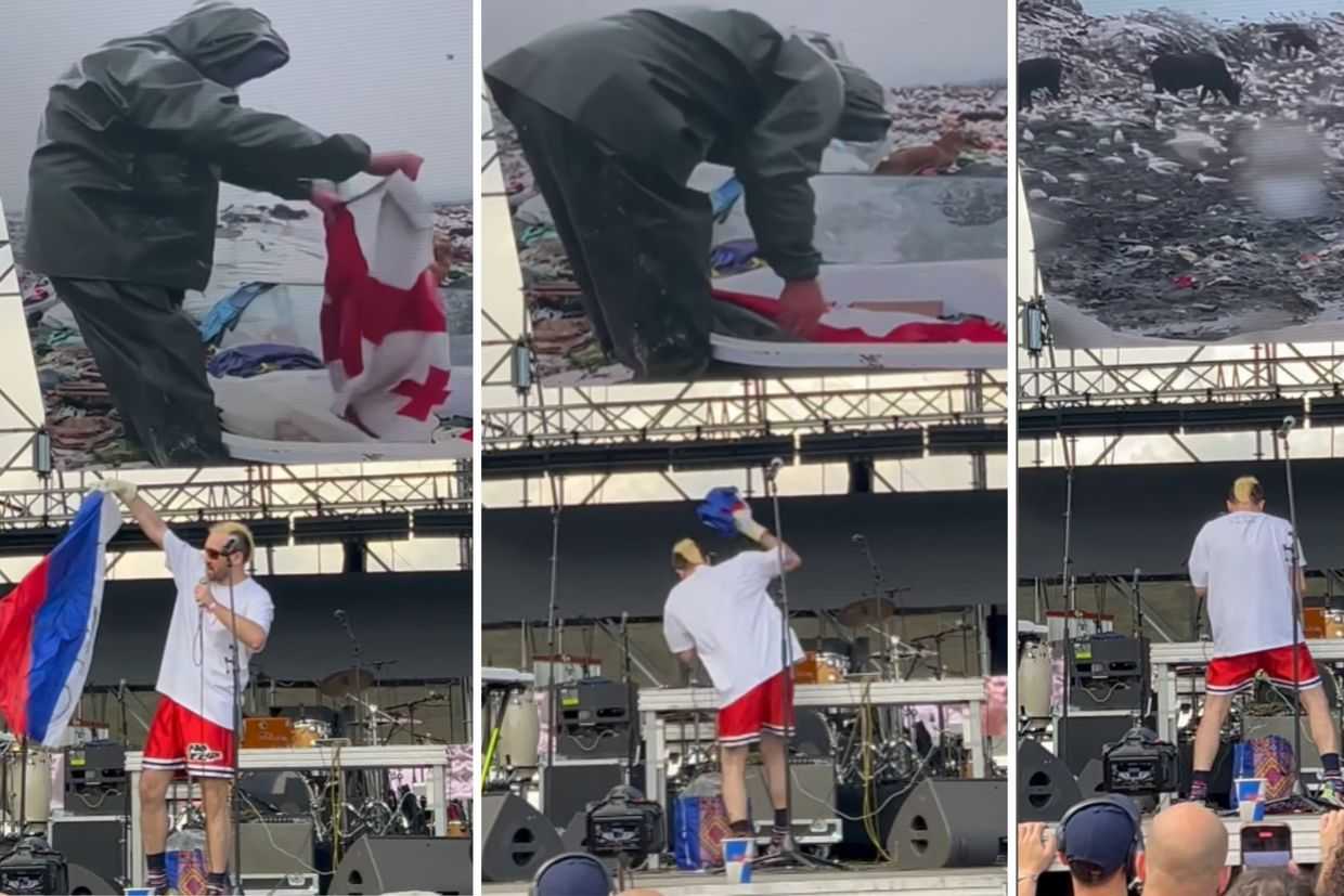 Erekle Getsadze appearing to urinate on the Russian flag at Tbilisi Open Air. Screengrab via social media.