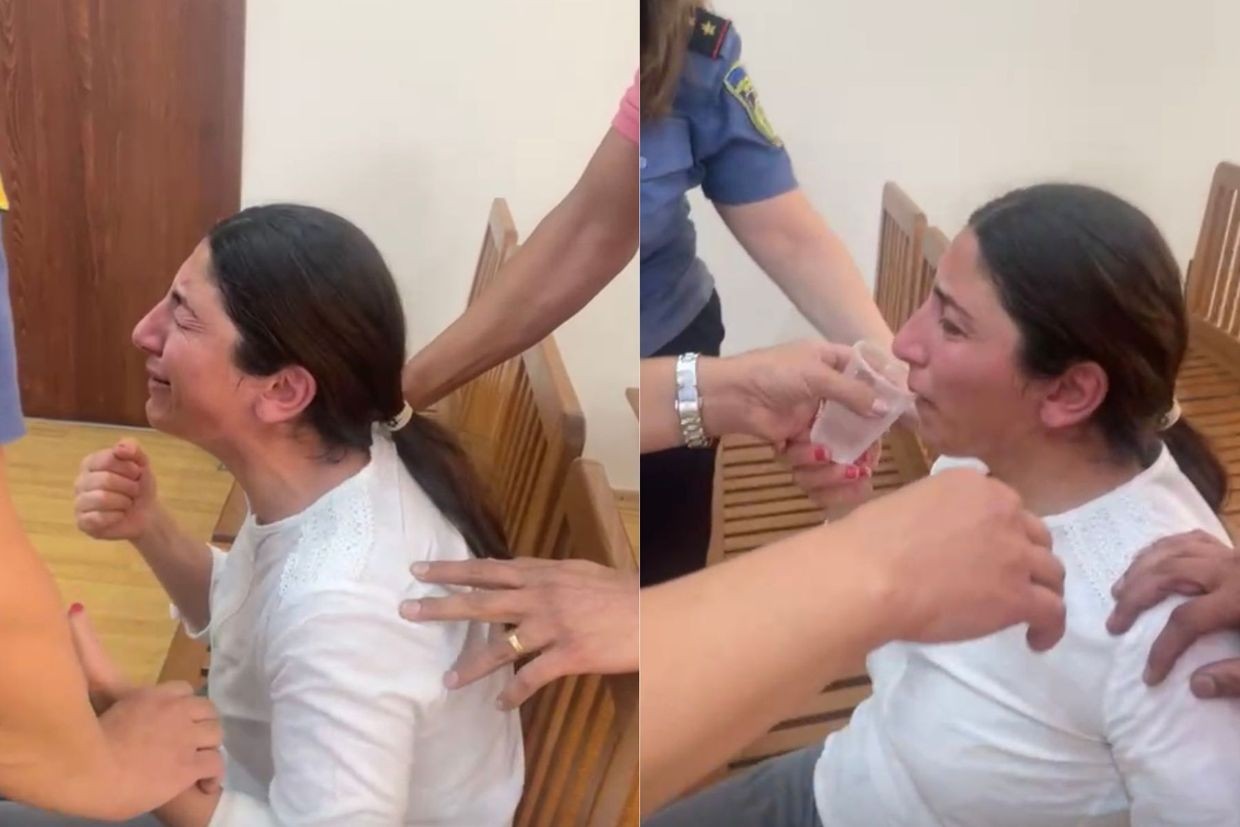 Liana Harutyunyan crying in court. Screengrab from video shared by her lawyer Zaruhi Postanjyan.