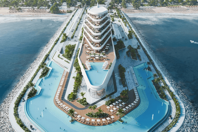 The Caspian Dream Liner, an artificial island, which is under construction on the shores of the Caspian Sea, official photo.