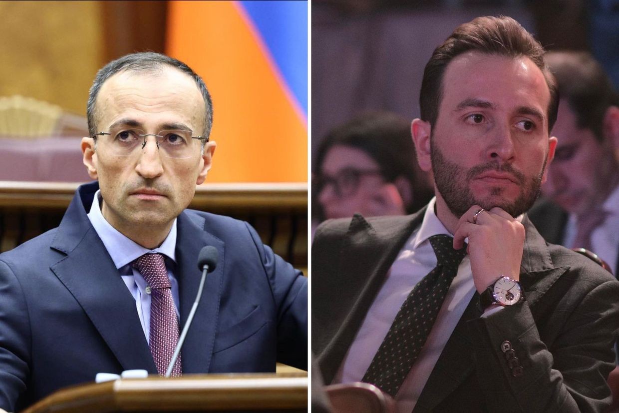 Armenian ruling Civil Contract party MPs Arsen Torosyan and Hayk Konjoryan. Photos via social media.
