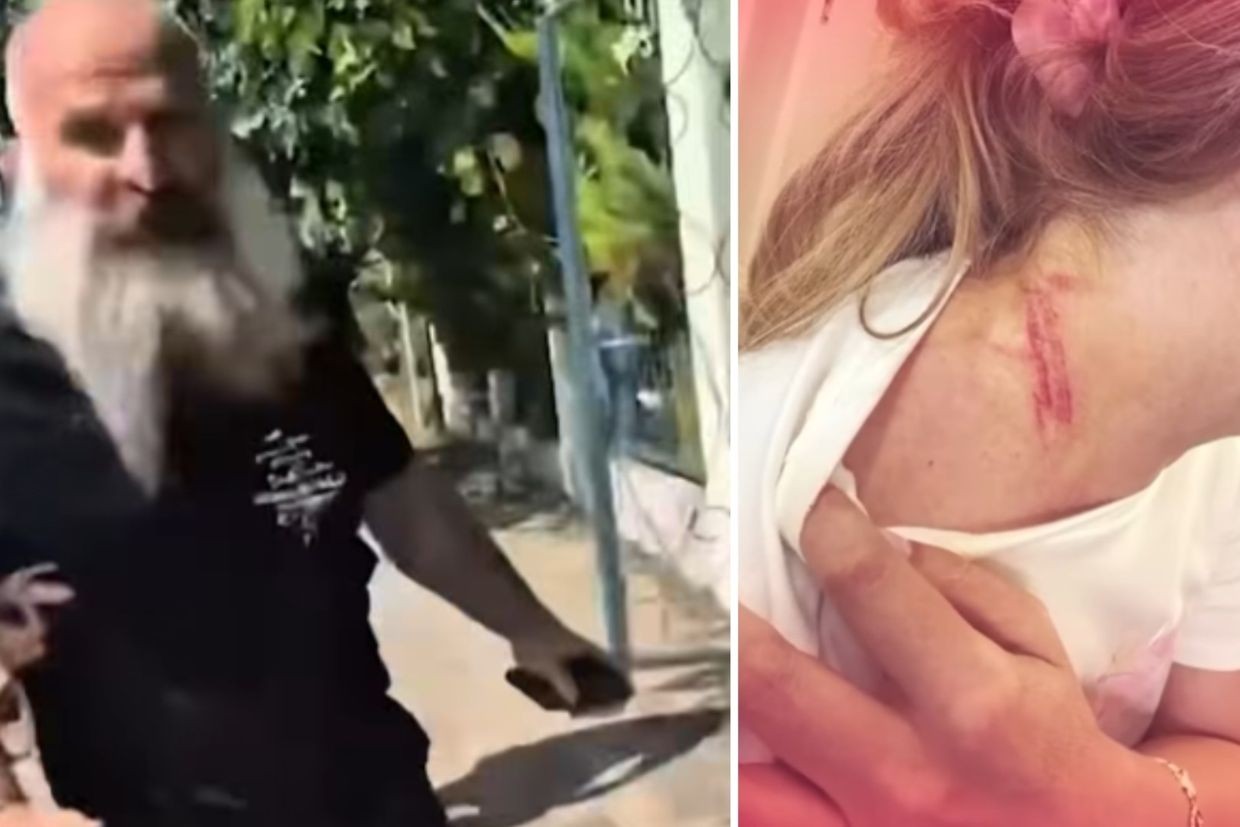 Left: Luka Kurtanidze moves toward his ex-wife. Screenshot from a social media video. Right: Khatuna Mikatsadze shows an injury on her neck. Photo: TV Pirveli.