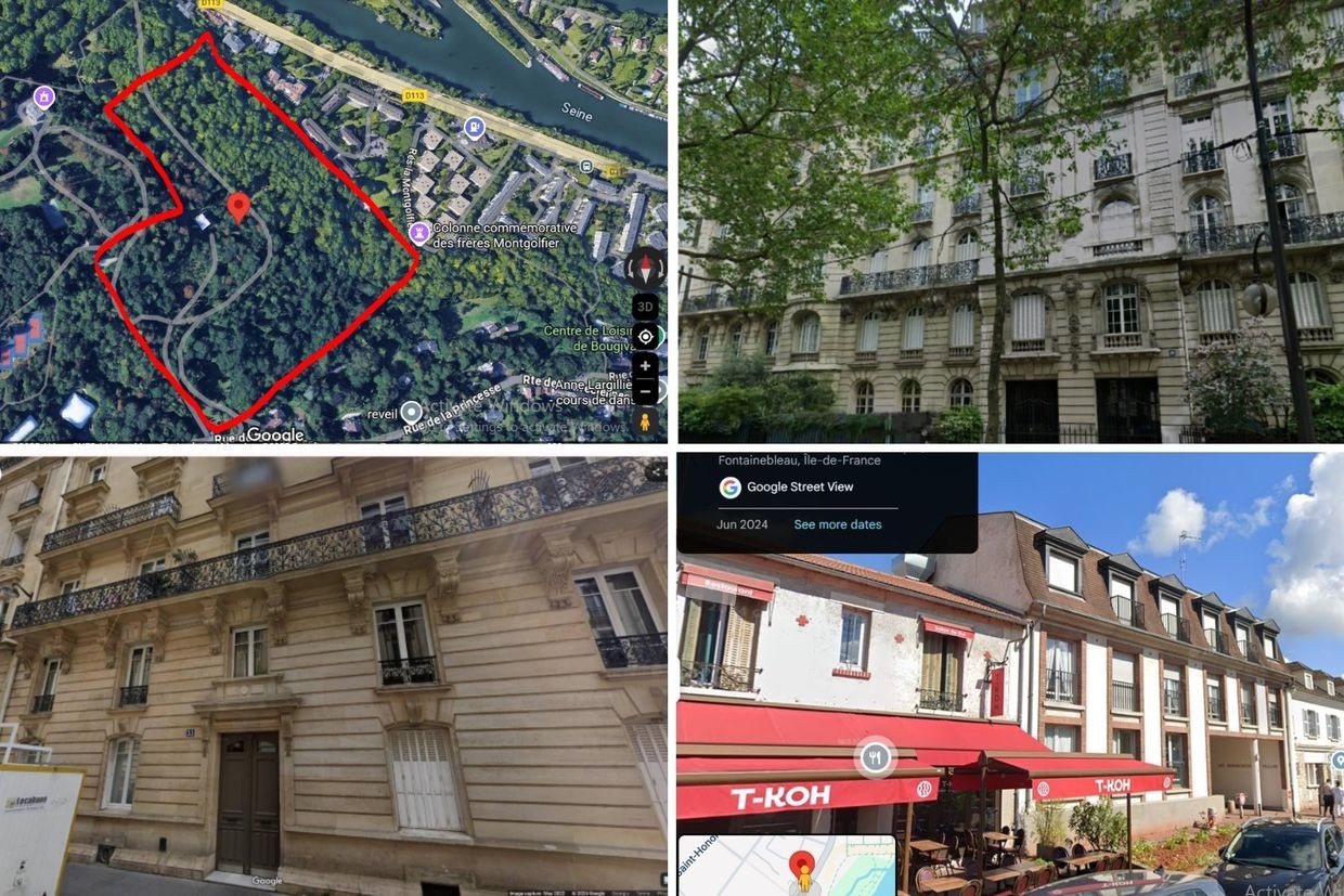 Assets of Georgian Dream figures in EU countries. Clockwise from top left: a plot of land in Paris owned by Bidzina Ivanishvili’s wife Ekaterine Khvedelidze; the building in Paris where Kakha Kaladze’s family owns a seven-room apartment; the building in Paris where Anton Obolashvili and his wife own an apartment; the building in Fontainebleau where Vakhtang Jaoshvili’s wife owns an apartment. Photos from TI Georgia report.