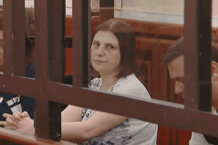 Activist Nino Datashvili during a court proceeding. Screengrab from live-stream from court.