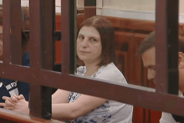 Activist Nino Datashvili during a court proceeding. Screengrab from live-stream from court.