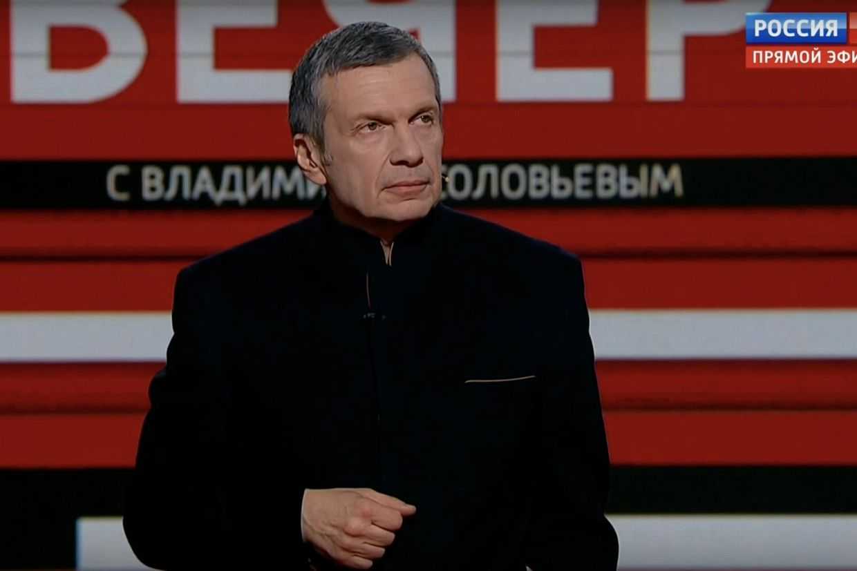 Kremlin propagandist Vladimir Solovyov on his television show. Screengrab from video.