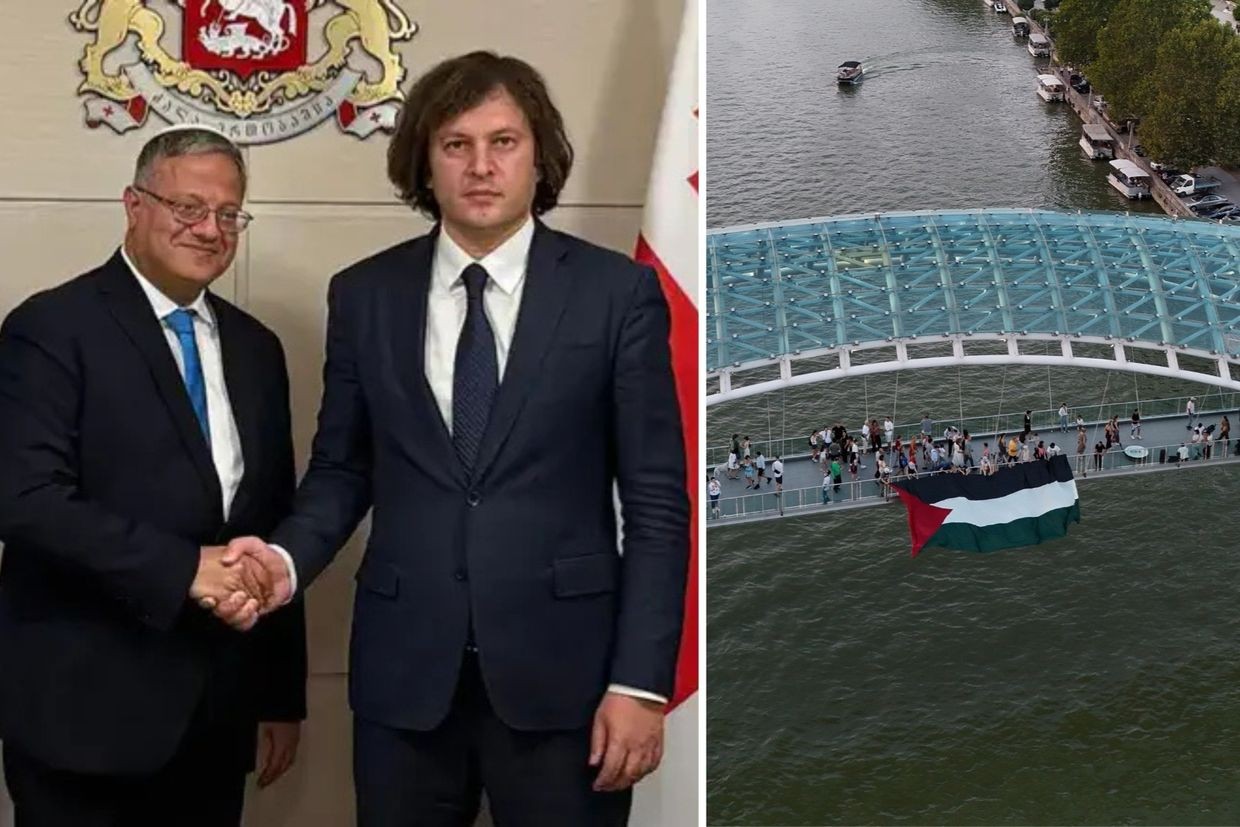 Left: Itamar Ben-Gvir and Irakli Kobakhidze. Photo via Israel National News. Right: Activists unfurling a Palestinian flag from the Bridge of Peace.