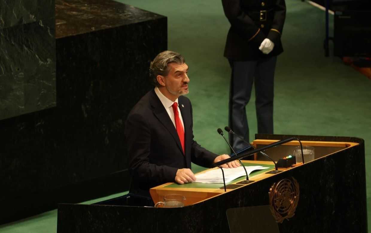 Mikheil Kavelashvili speaking at the UN General Assembly. Official photo.