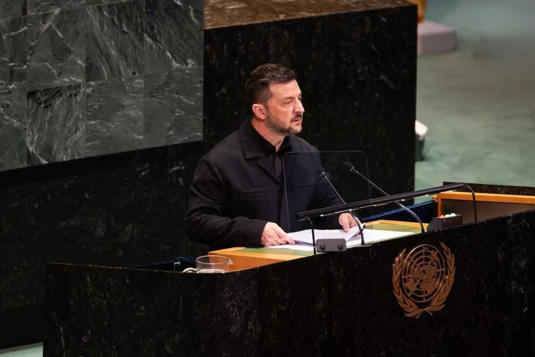 Ukrainian President Volodymyr Zelenskyi speaking at the UN General Assembly in September 2025. Official photo.