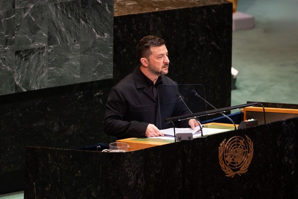 Ukrainian President Volodymyr Zelenskyi speaking at the UN General Assembly in September 2025. Official photo.