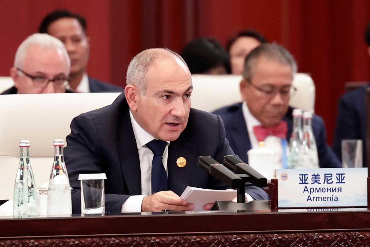 Prime Minister Nikol Pashinyan delivering his speech at the Shanghai Cooperation Organisation summit. Official photo.