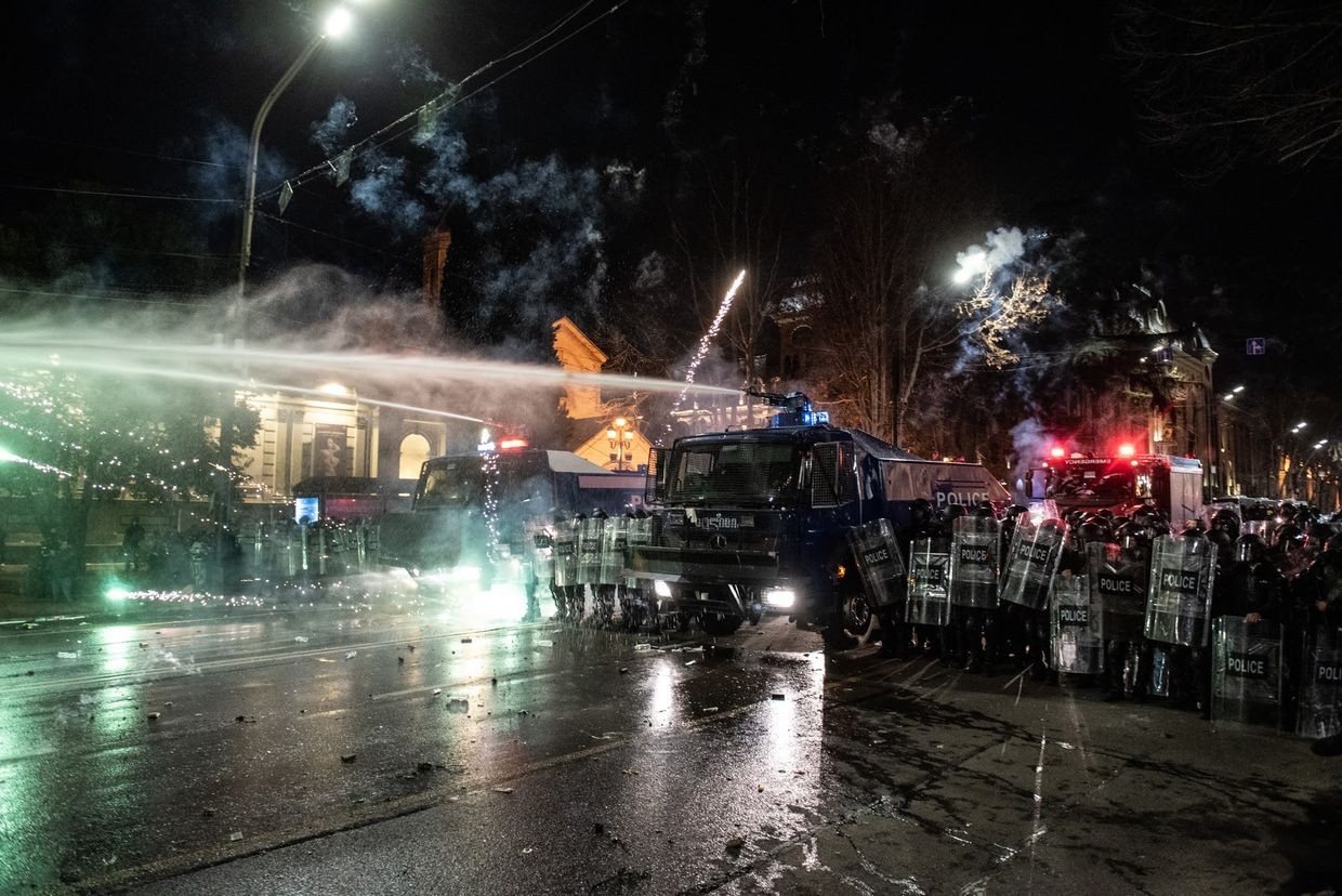 Georgian riot police confronting protesters during the foreign agent law protests of March 2023. Photo: Mariam Nikuradze/OC Media. 