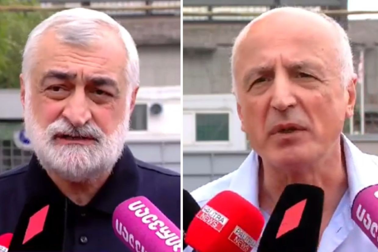 Mamuka Khazaradze (left) and Badri Japaridze (right) after being released. Screengrabs from TV Pirveli live broadcast.