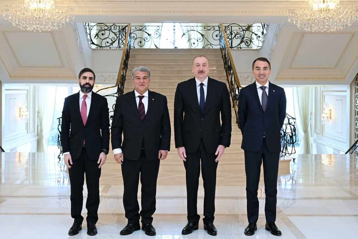 SOCAR President Rovshan Najaf (first from right to left), Barcelona President Joan Laporta, Azerbaijani President Ilham Aliyev, and arrested billionaire Adnan Ahmadzada during a visit in March 2025. Official photo.