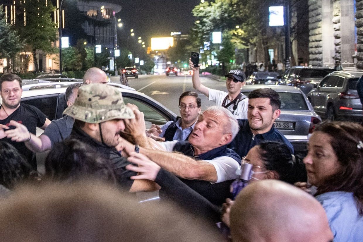 Zaza Mamaladze, who was reportedly arrested on Wedenesday, attacking protesters on 8 September. Photo: Mariam Nikuradze/OC Media.