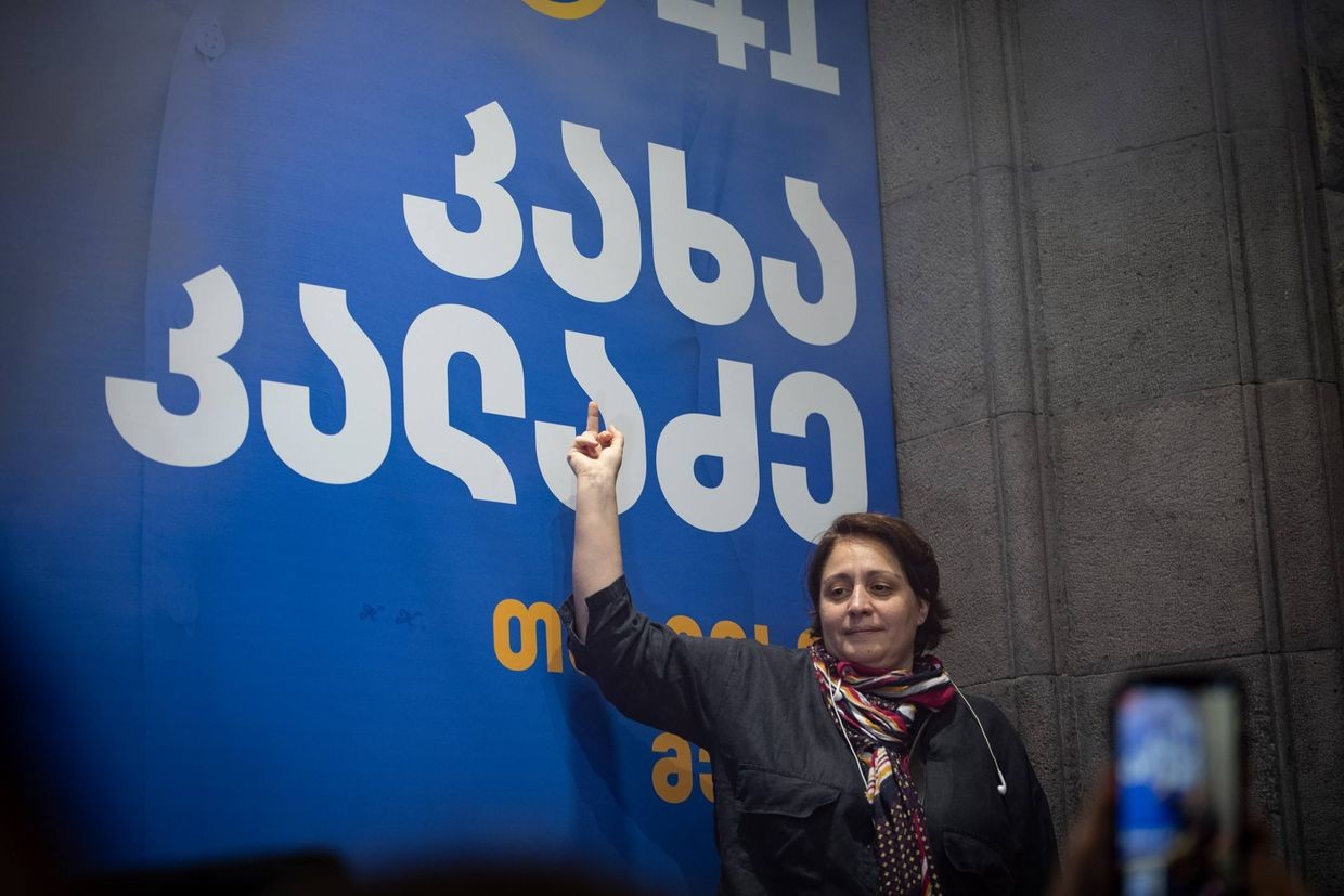 Opposition leader Elene Khoshtaria in front of a Tbilisi Mayor Kakha Kaladze re-election banner during a protest on 13 September 2025. Photo: Mariam Nikuradze/OC Media.