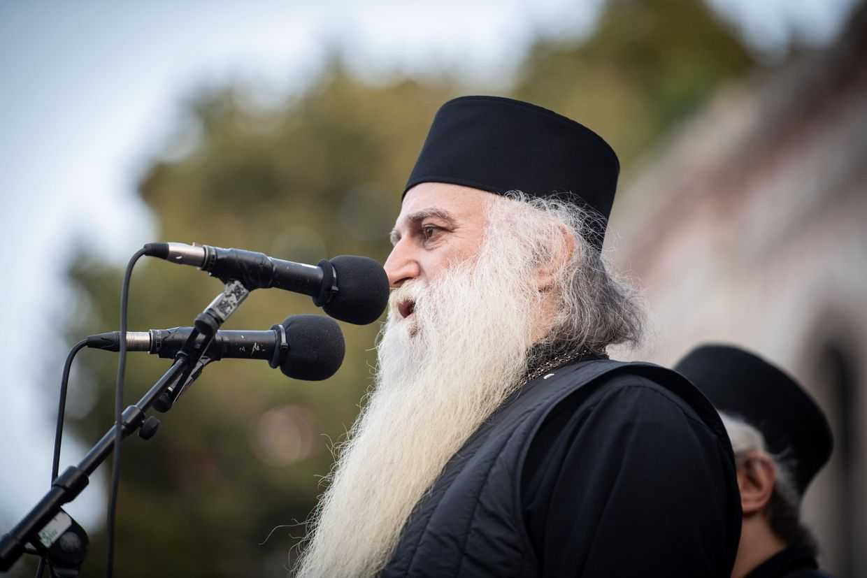Archimandrite Dorote Kurashvili speaking at the 4 October anti-government demonstration in Tbilisi. Photo: Mariam Nikuradze/OC Media.