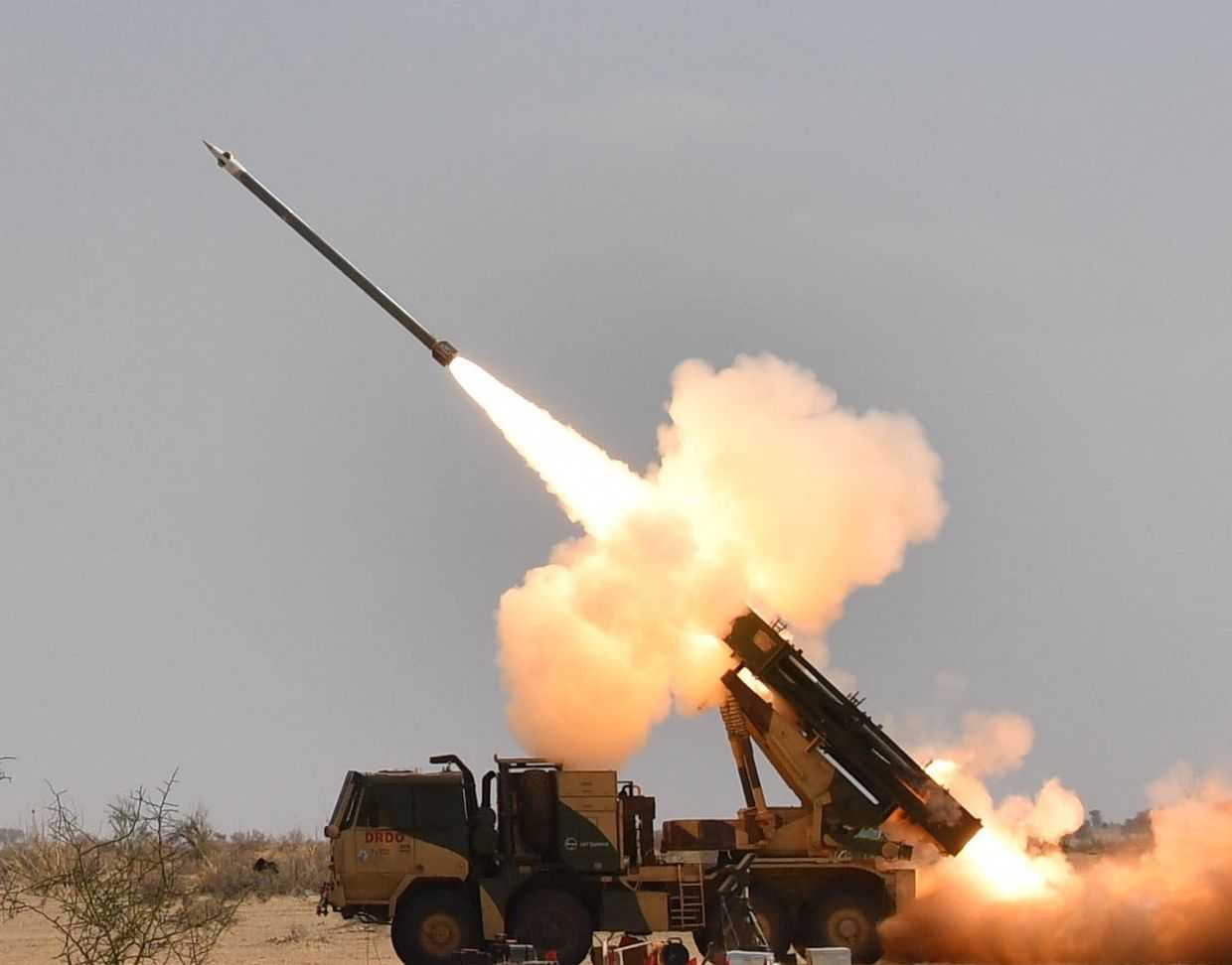 A Guided Pinaka rocket being test-fired by India’s Defence Research and Development Organisation (DRDO) at the Pokhran range in Rajasthan, March 2019. Photo via Wikimedia Commons.