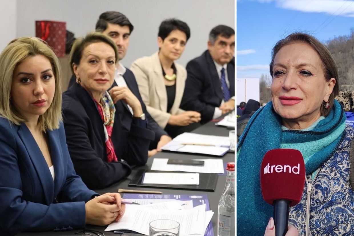 Dilara Efendiyeva, an ‘eco-activist’ participating in the blockade of the Lachin Corridor in 2022 (right) and at the meeting with Armenian civil society members in Yerevan in October 2025 (left). Photos: Trend, Qafqazinfo.az.
