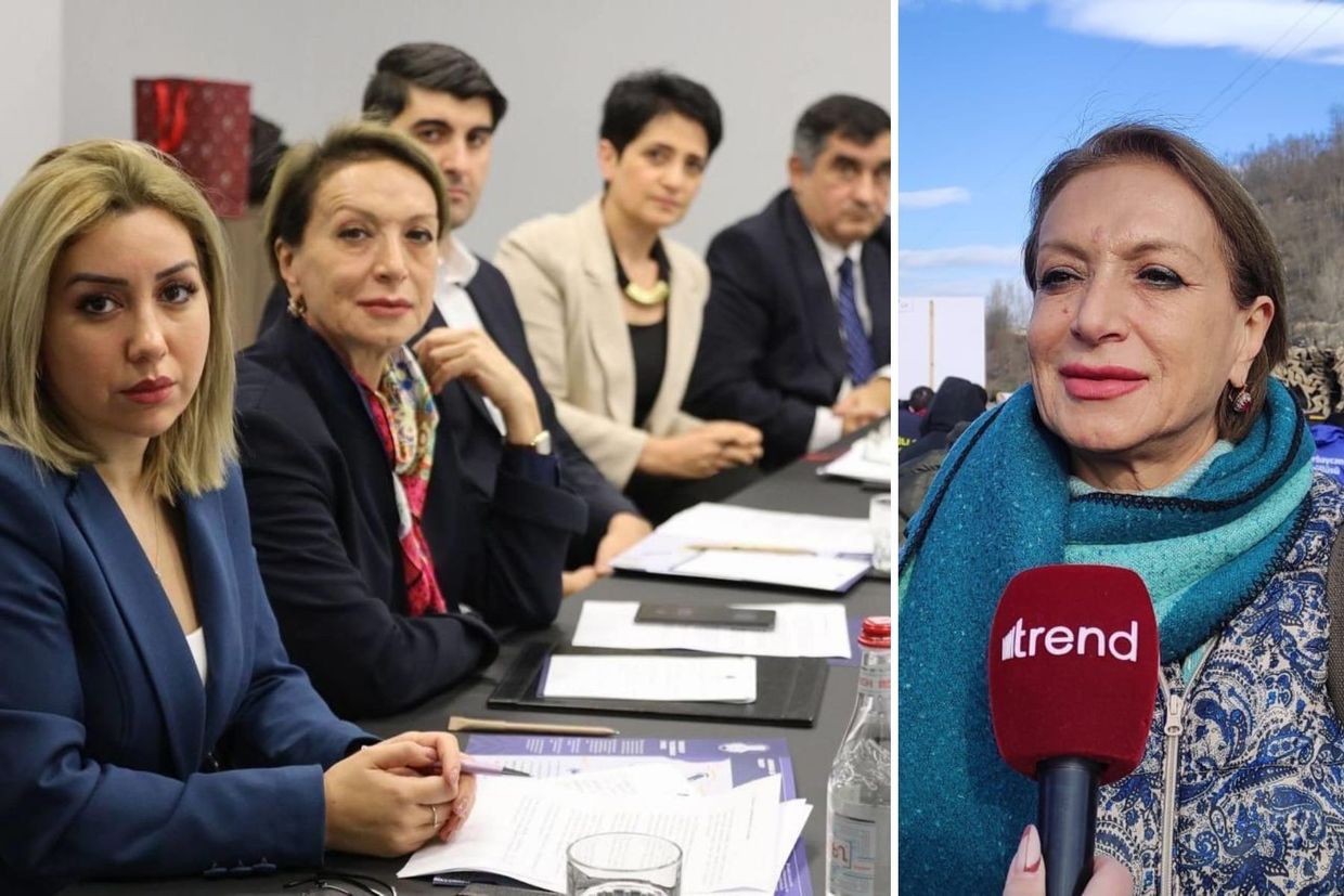 Dilara Efendiyeva, an ‘eco-activist’ participating in the blockade of the Lachin Corridor in 2022 (right) and at the meeting with Armenian civil society members in Yerevan in October 2025 (left). Photos: Trend, Qafqazinfo.az.