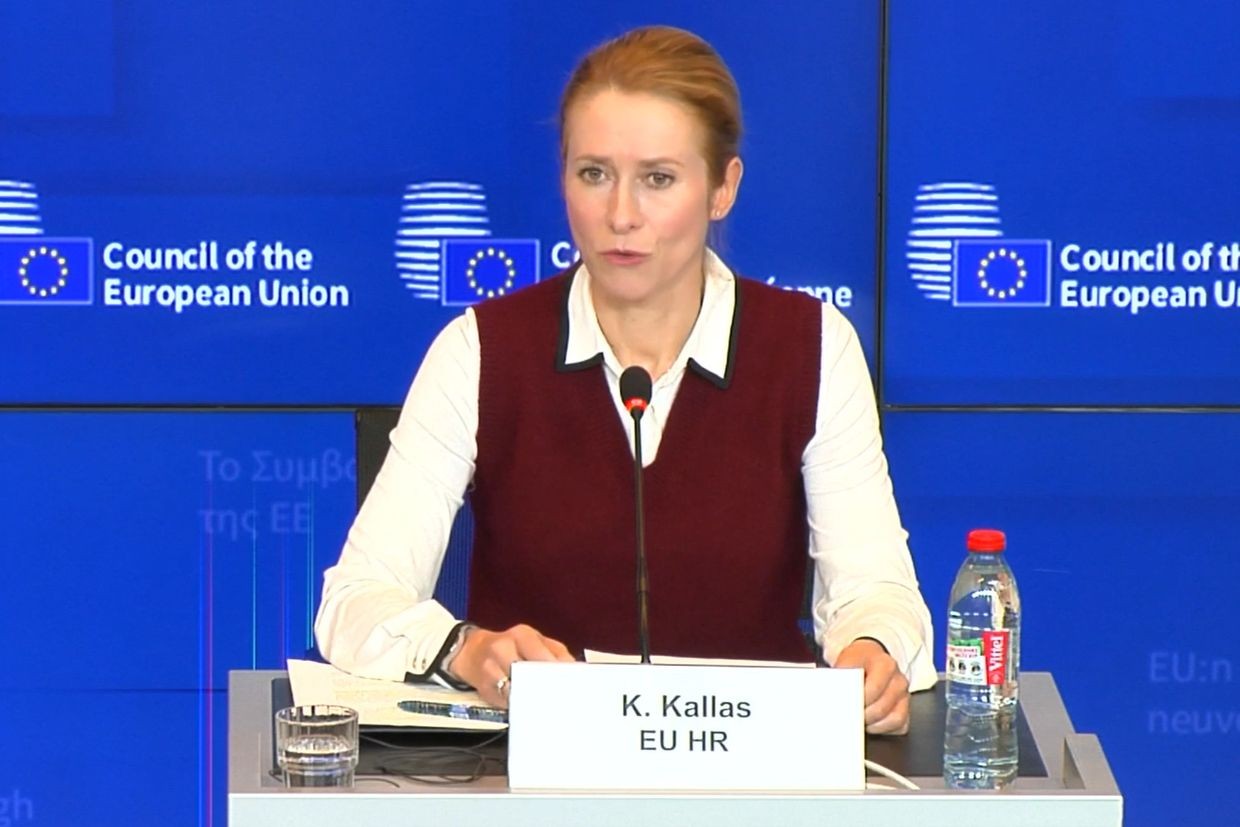 EU High Representative Kaja Kallas in a press briefing following the EU foreign minsiters meeting in Luxembourg. Screengrab via EU Commission.