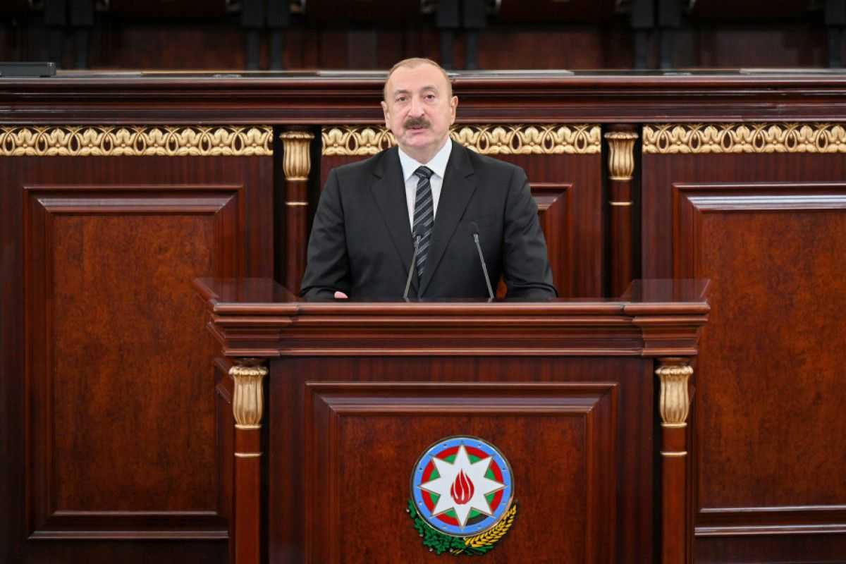 Azerbaijani President Ilham Aliyev delivering a speech on 3 November 2025. Official photo.