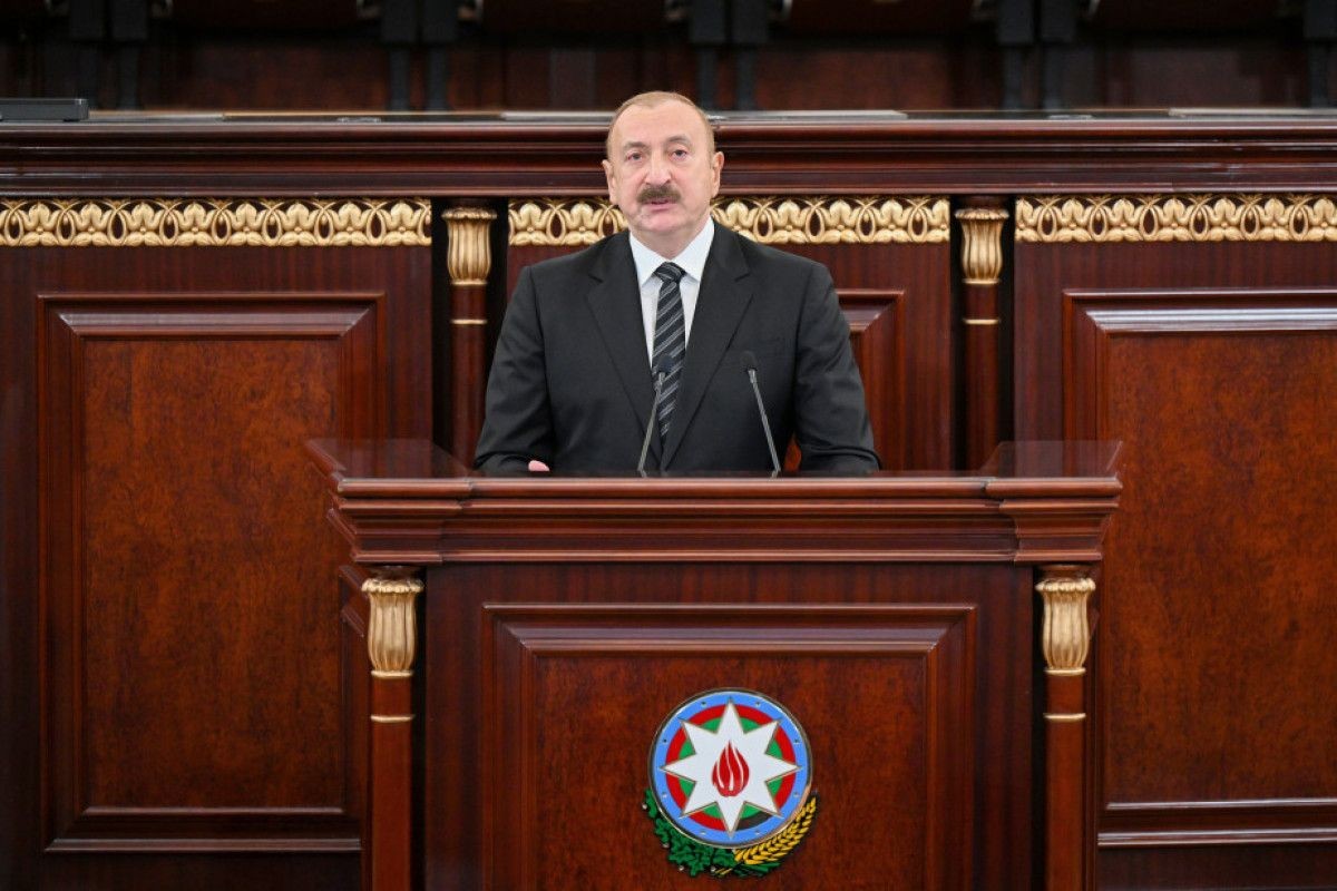 Azerbaijani President Ilham Aliyev delivering a speech on 3 November 2025. Official photo.