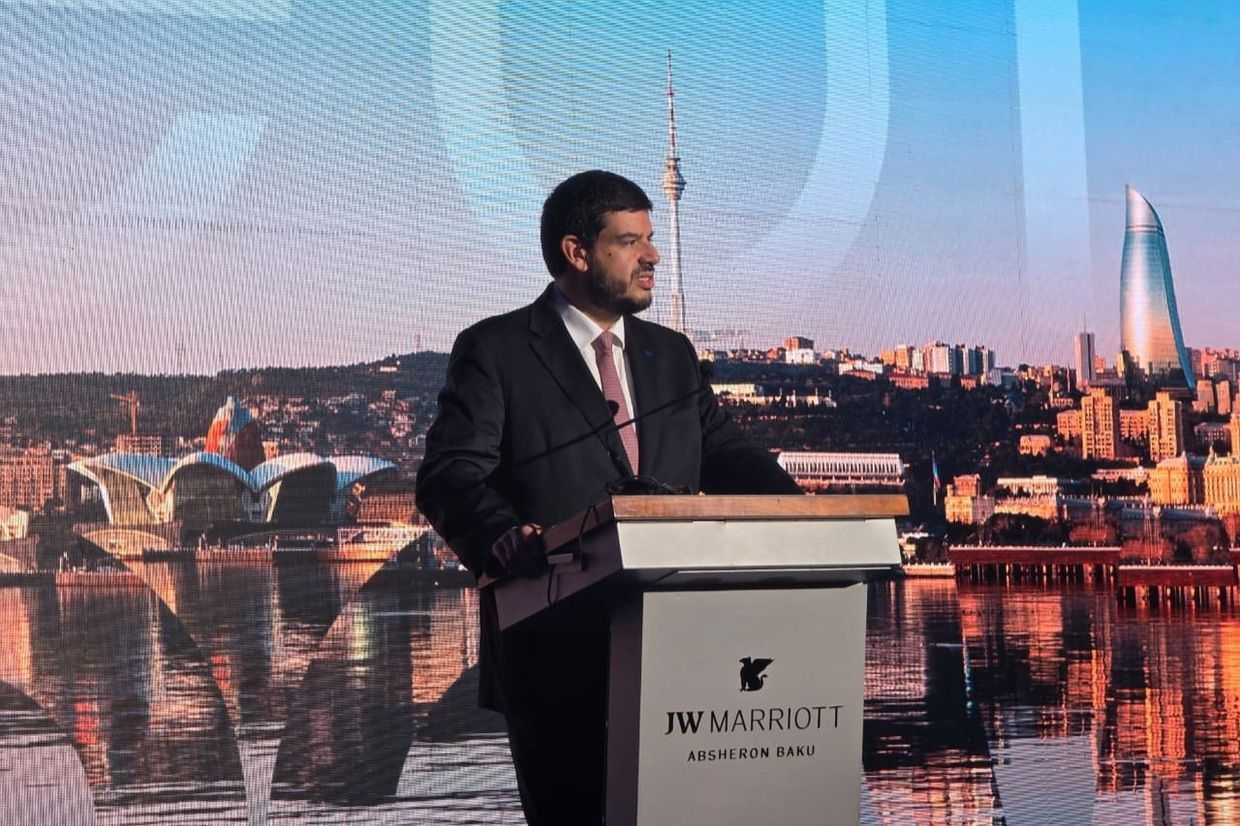 Euronews Board Chair Pedro Vargas David speaking at the opening ceremony of the network's new office in Baku. Photo via the Trend News Agency.