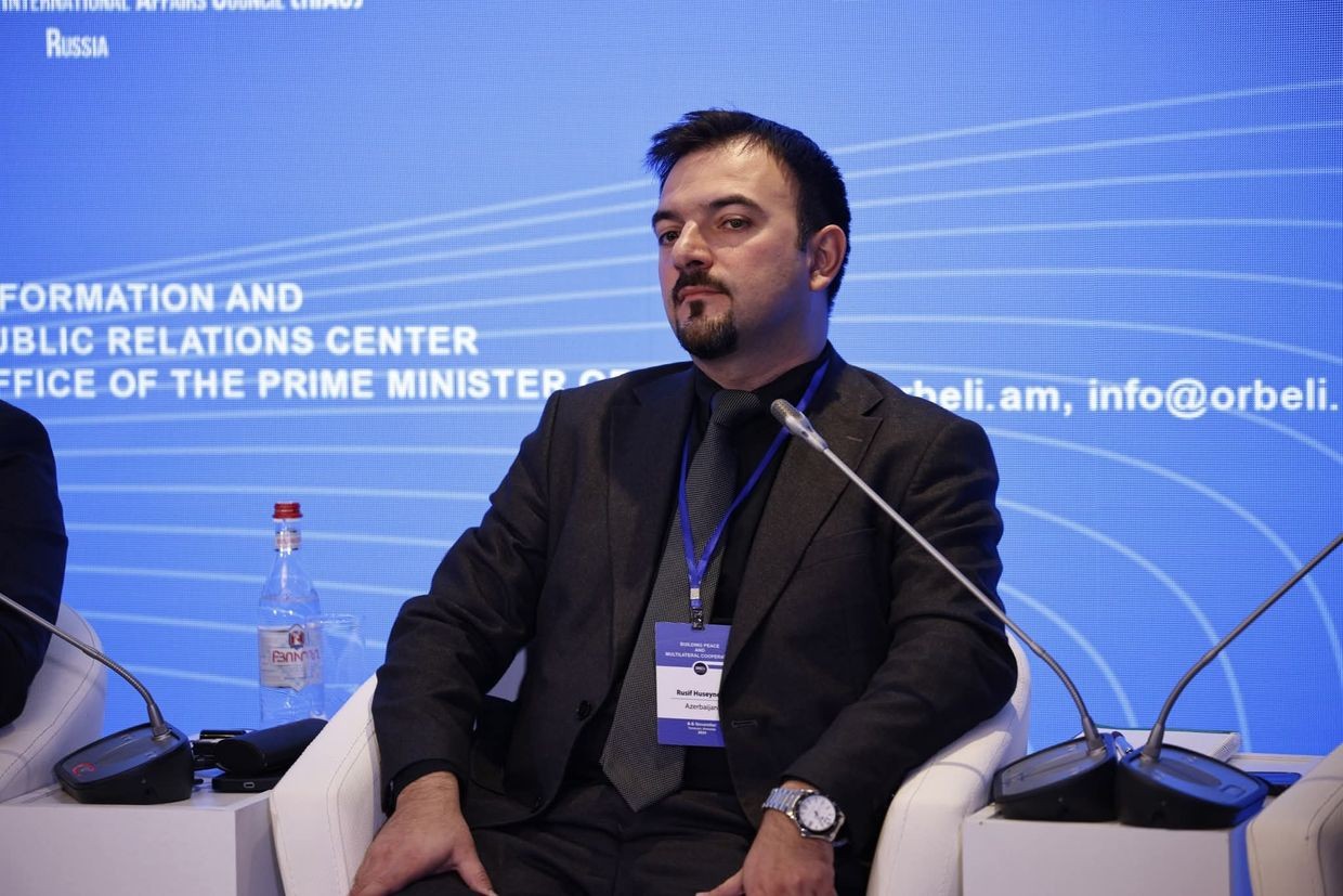 Rusif Huseynov, the director of Topchubashov Centre, during the Orbeli Forum in Yerevan. Photo: social media.