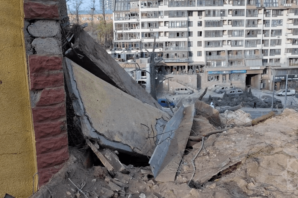 Damage caused by a Russian missile strike on Azerbaijan's embassy in Ukraine. Photo via Azertag.