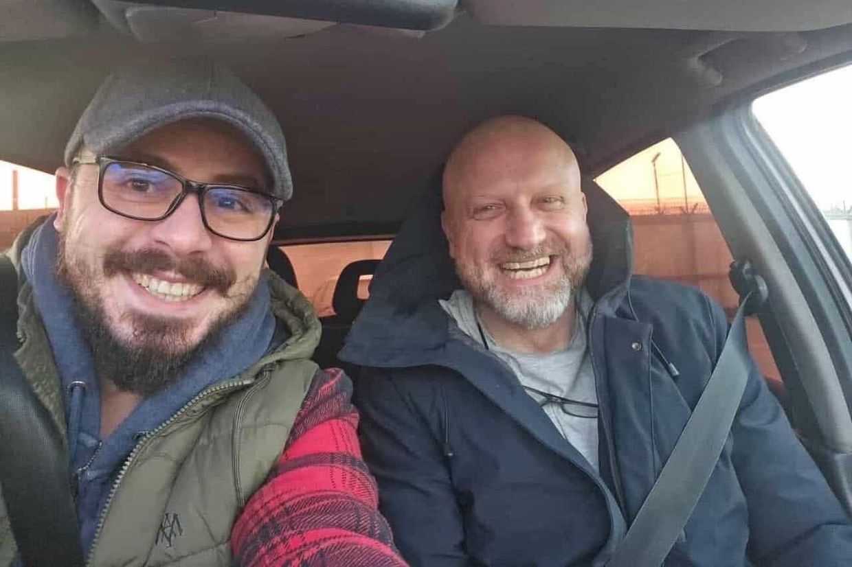 Zurab Japaridze (right) with activist Beka Papashvili after being released. Courtesy photo.