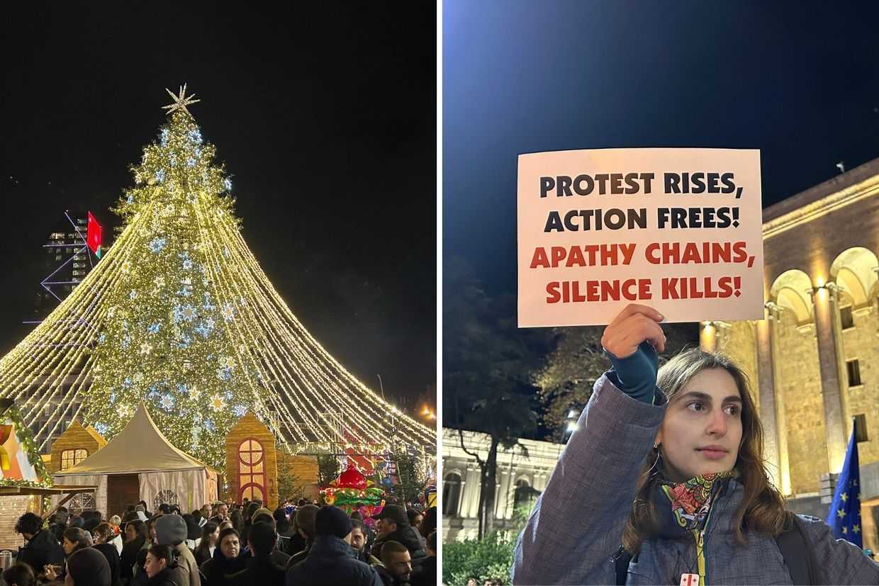 Left: Tbilisi’s main Christmas tree. Right: A protester near parliament holding a poster. Photo: Mikheil Gvadzabia/OC Media.