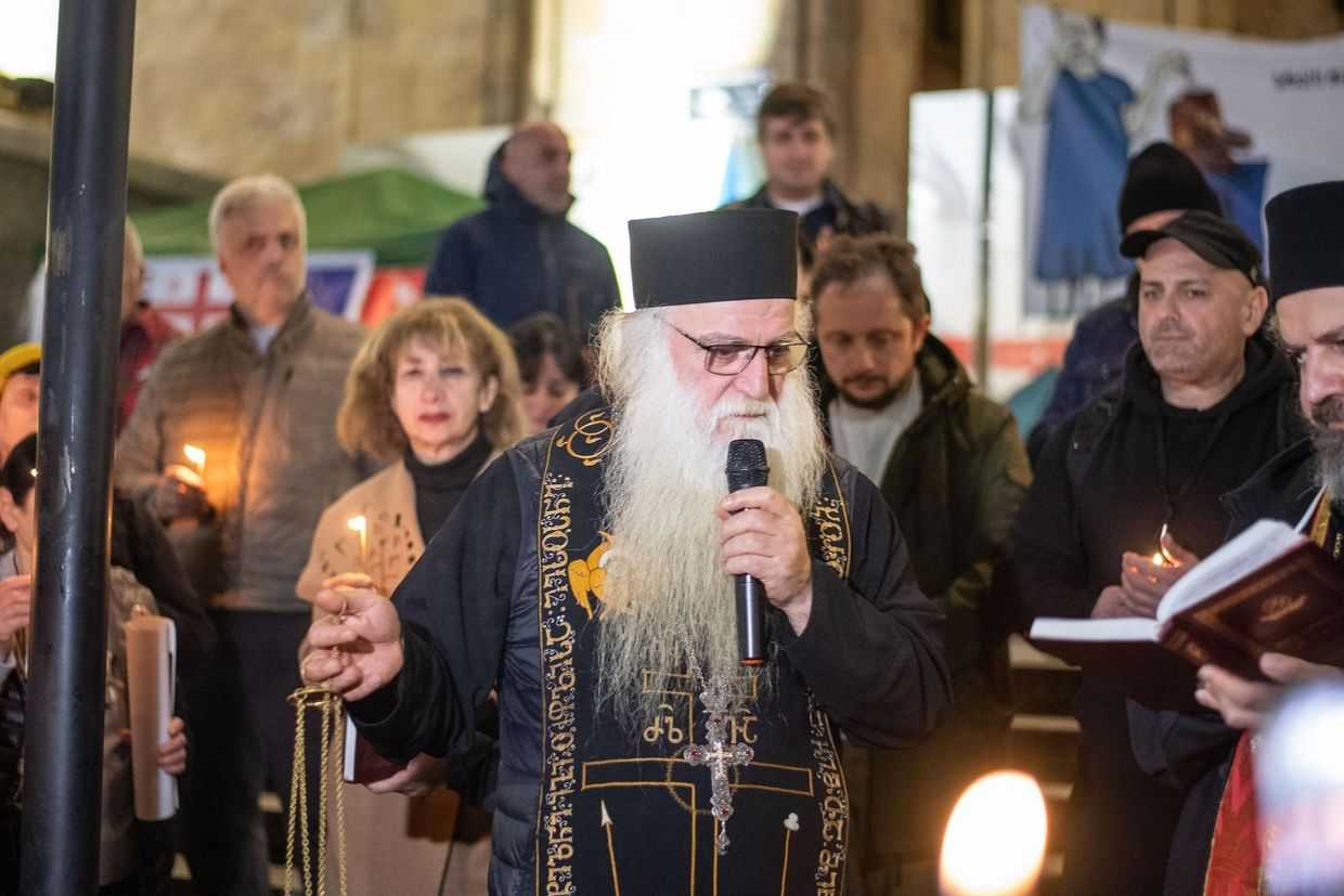 Archimandrite Dorote Kurashvili at an anti-government protest in Tbilisi. Photo: Mariam Nikuradze/OC Media.