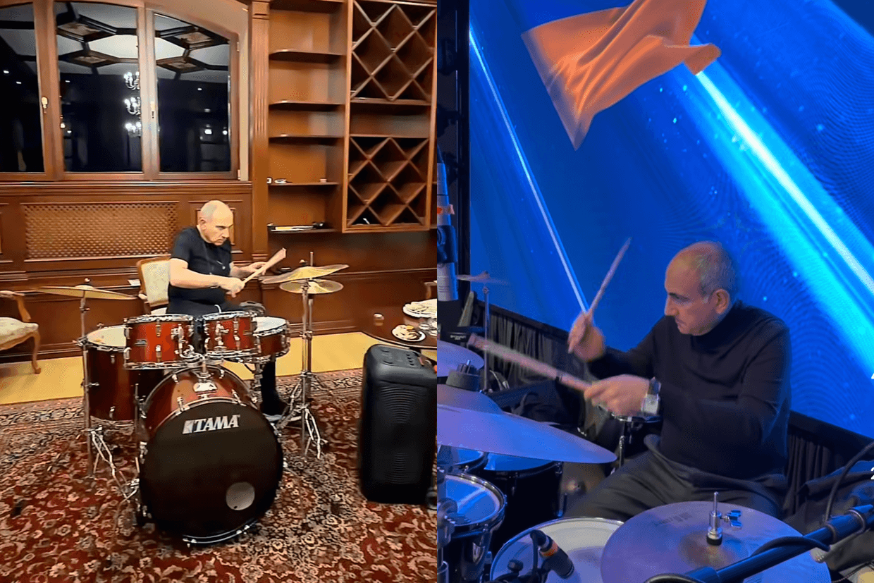 Prime Minister Nikol Pashinyan playing the drums. Photos via social media.