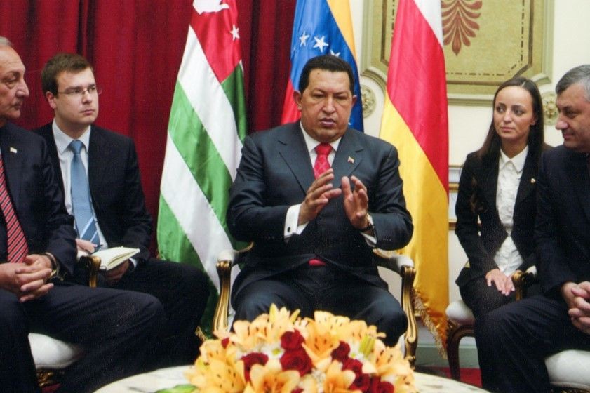 Former Venezuelan President Hugo Chavez (centre) meeting with former Abkhazian President Sergei Bagapsh (left) and former South Ossetian President Eduard Kokoity (right). Photo via World Abaza Congress.