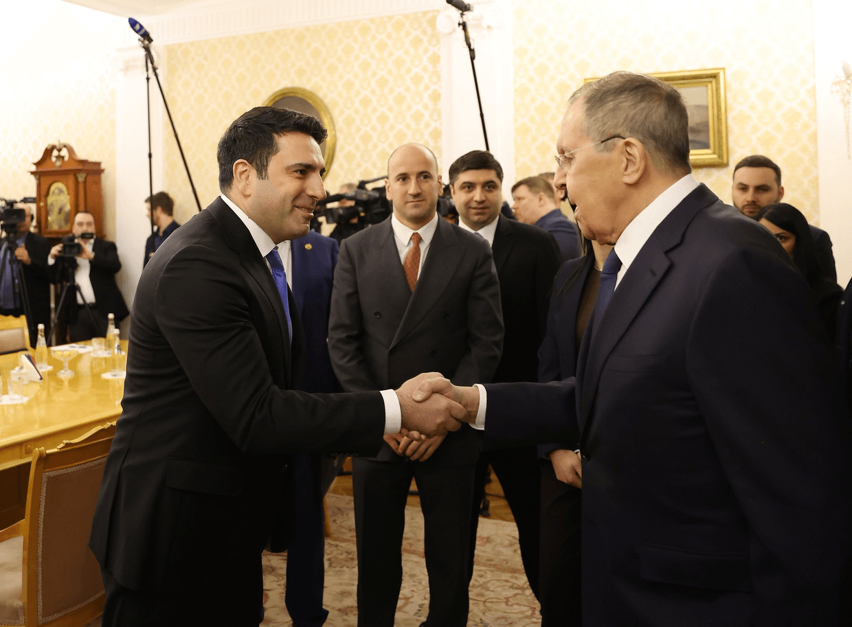Armenian Parliamentary Speaker Alen Simonyan (left) and Russian Foreign Minister Sergei Lavrov (right) shake hands during their meeting in Moscow. Official photo.