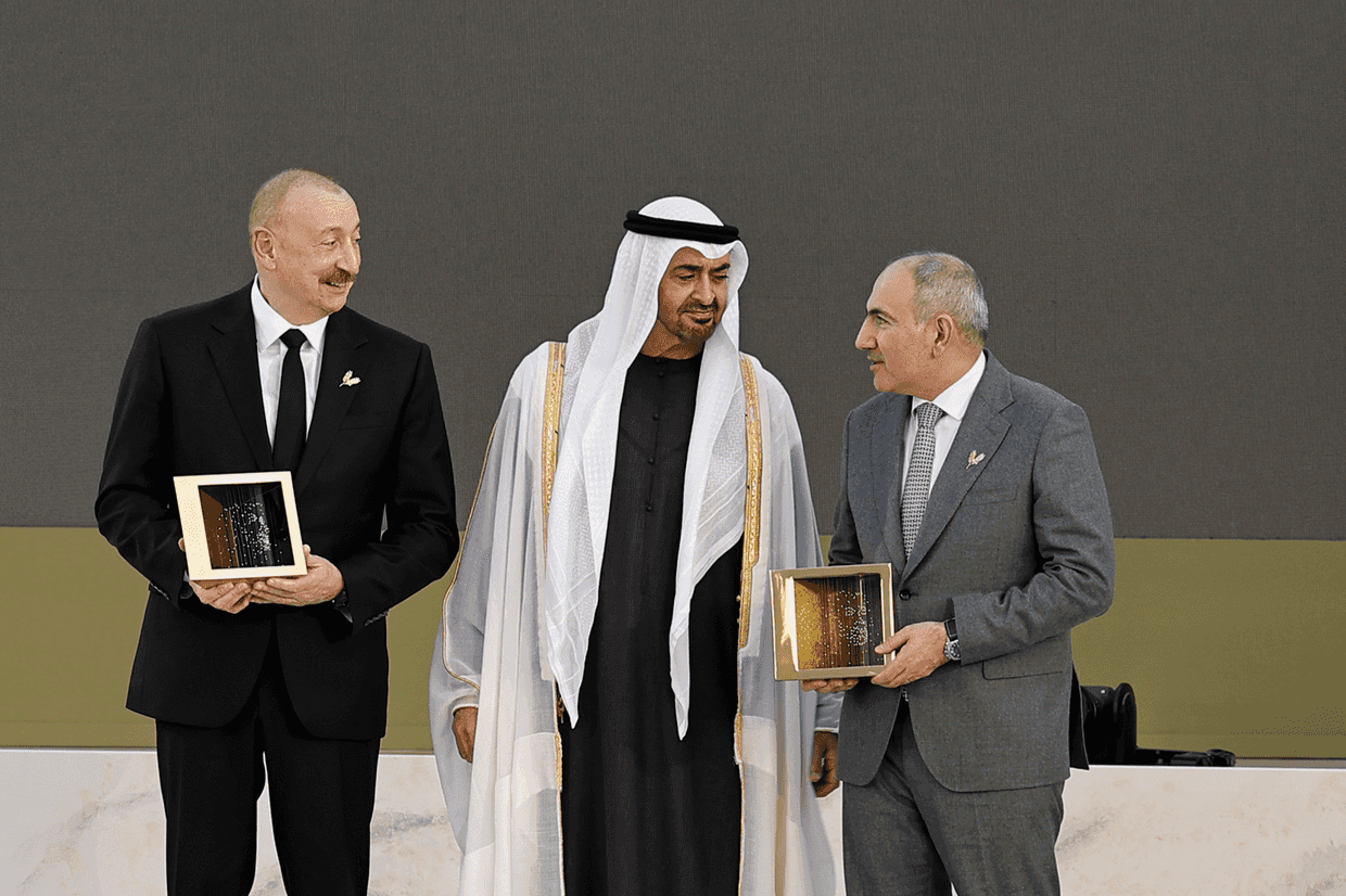 Armenian Prime Minister Nikol Pashinyan (right) and Azerbaijani President Ilham Aliyev receiving the Zayed Award for Human Fraternity 2026 from UAE President Sheikh Mohamed bin Zayed Al Nahyan (middle). Official photo.