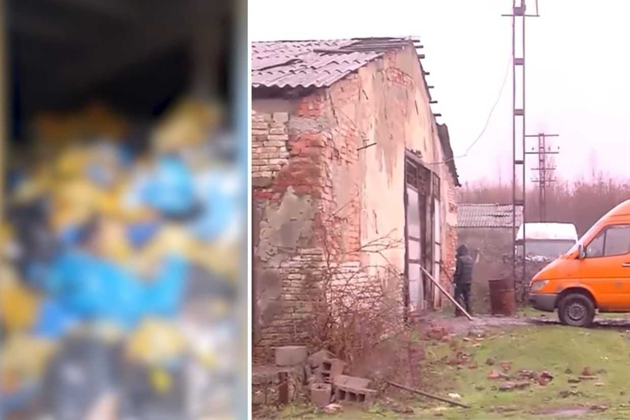 Left: Medical waste in an abandoned building. Right: The abandoned building where the waste was stored. Screengrabs via TV Pirveli.