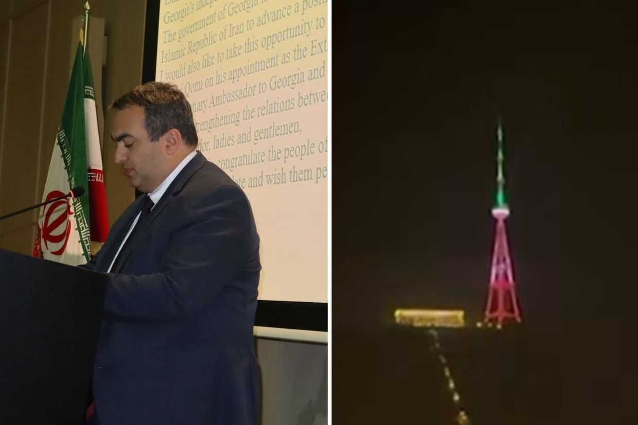 Left: Georgia's Deputy Foreign Minister delivering remarks at an event hosted by the Iranian Embassy in Tbilisi. Official Photo. Right: The Tbilisi TV Tower lit in the colours of the Iranian flag. Screengrabs from social media.