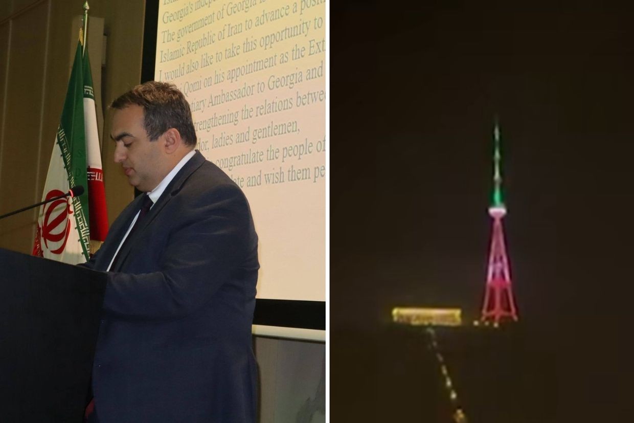Left: Georgia's Deputy Foreign Minister delivering remarks at an event hosted by the Iranian Embassy in Tbilisi. Official Photo. Right: The Tbilisi TV Tower lit in the colours of the Iranian flag. Screengrabs from social media.