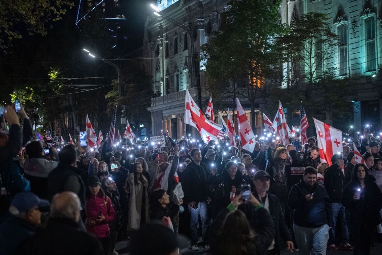 A protest in Tbilisi on the one-year anniversary of the 2024 parliamentary election. Photo: Mariam Nikuradze/OC Media.
