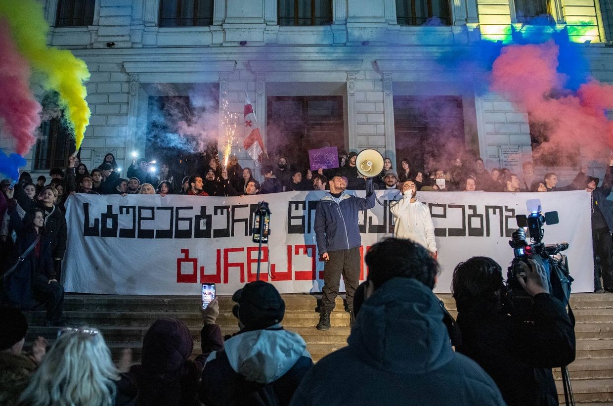 Protest at Tbilisi State University (TSU) against the university merger. Photo: Mariam Nikuradze/OC Media.
