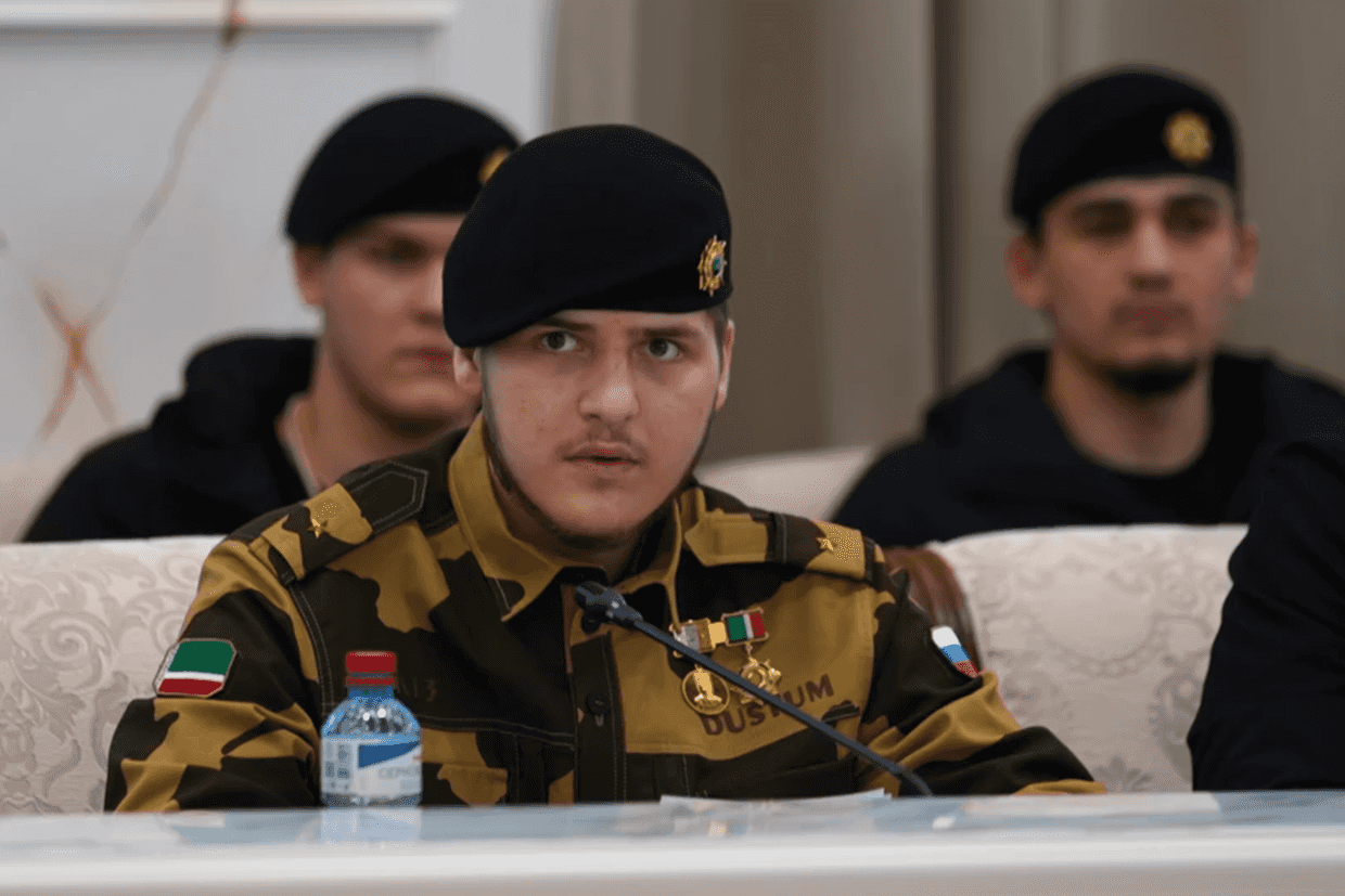 Adam Kadyrov as seen in a meeting with Chechen security officials in a video published on 26 March 2026. Screengrab via Telegram.