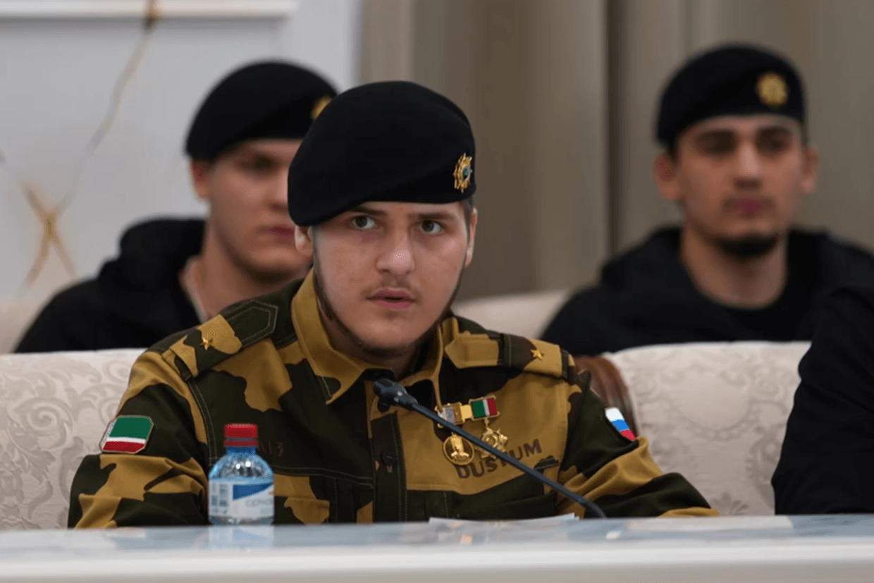 Adam Kadyrov as seen in a meeting with Chechen security officials in a video published on 26 March 2026. Screengrab via Telegram.