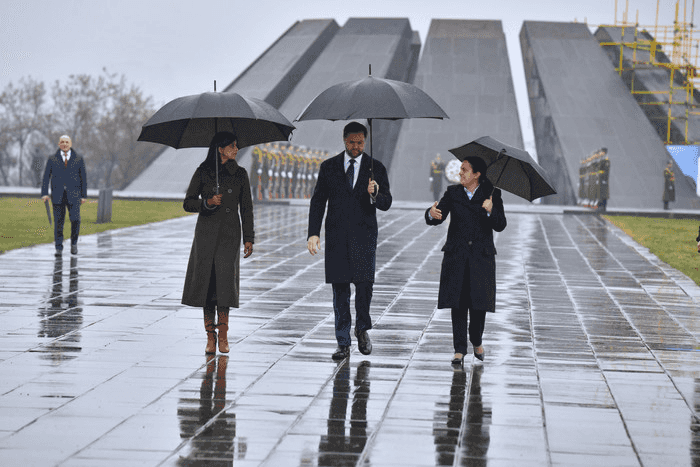 Vice President JD Vance and his wife, Second Lady Usha Vance, with Edita Gzoyan, director of the Armenian Genocide Museum-Institute at the Armenian Genocide memorial. Official photo.