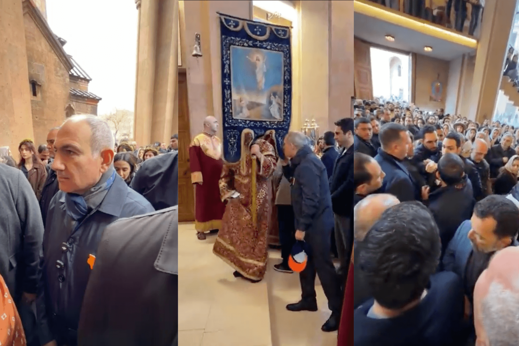 Prime Minister Nikol Pashinyan attending a sermon at Yerevan’s St. Anna Church on 29 March, when a man attempted to hit him as he was leaving the church (last photo). Screengrab from Facebook Live.