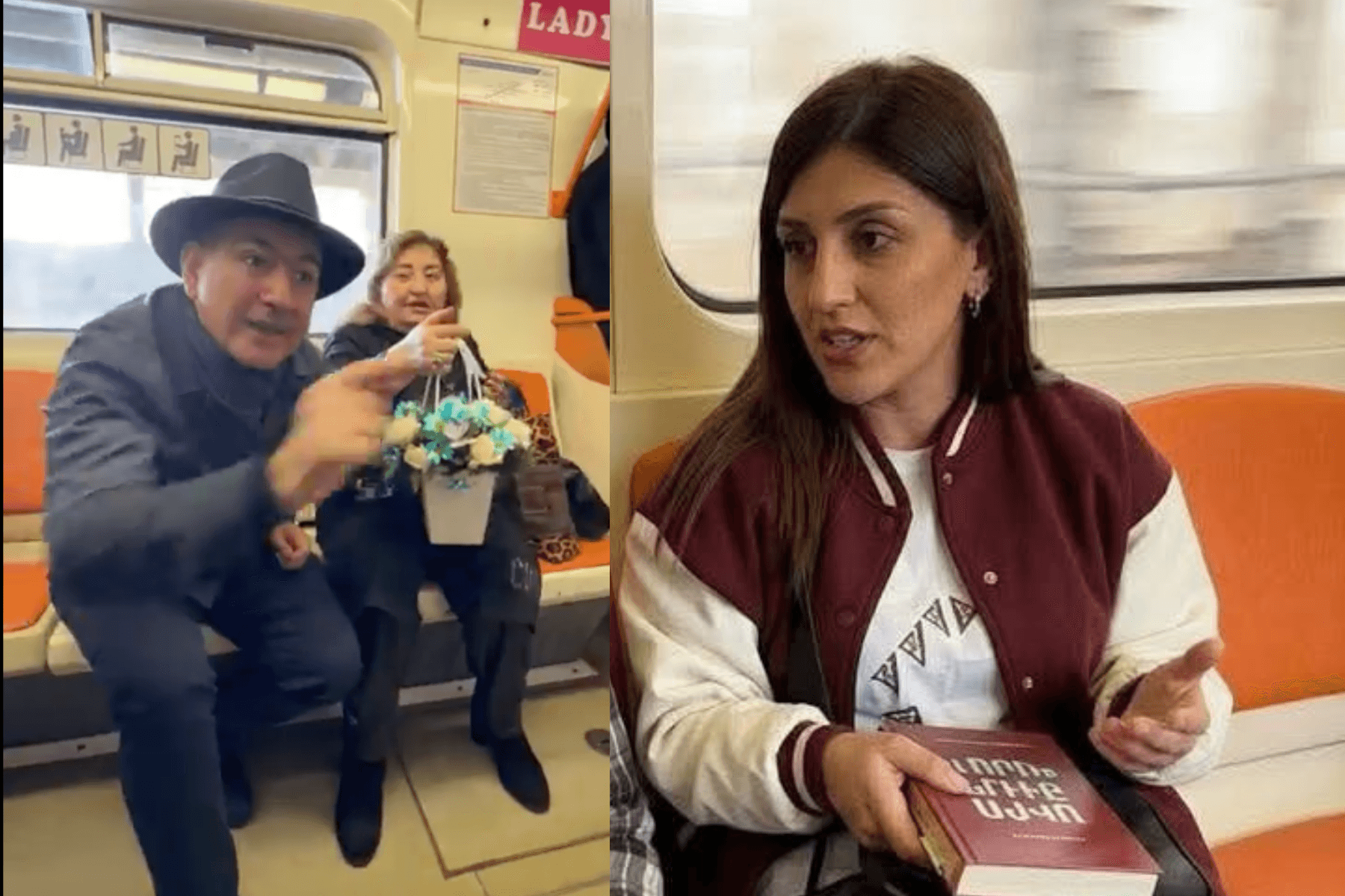 Prime Minister Nikol Pashinyan and Armine Mosiyan, an Armenian refugee from Nagorno-Karabakh, during a heated discussion on the Yerevan Metro. Photos via social media and news.am. 