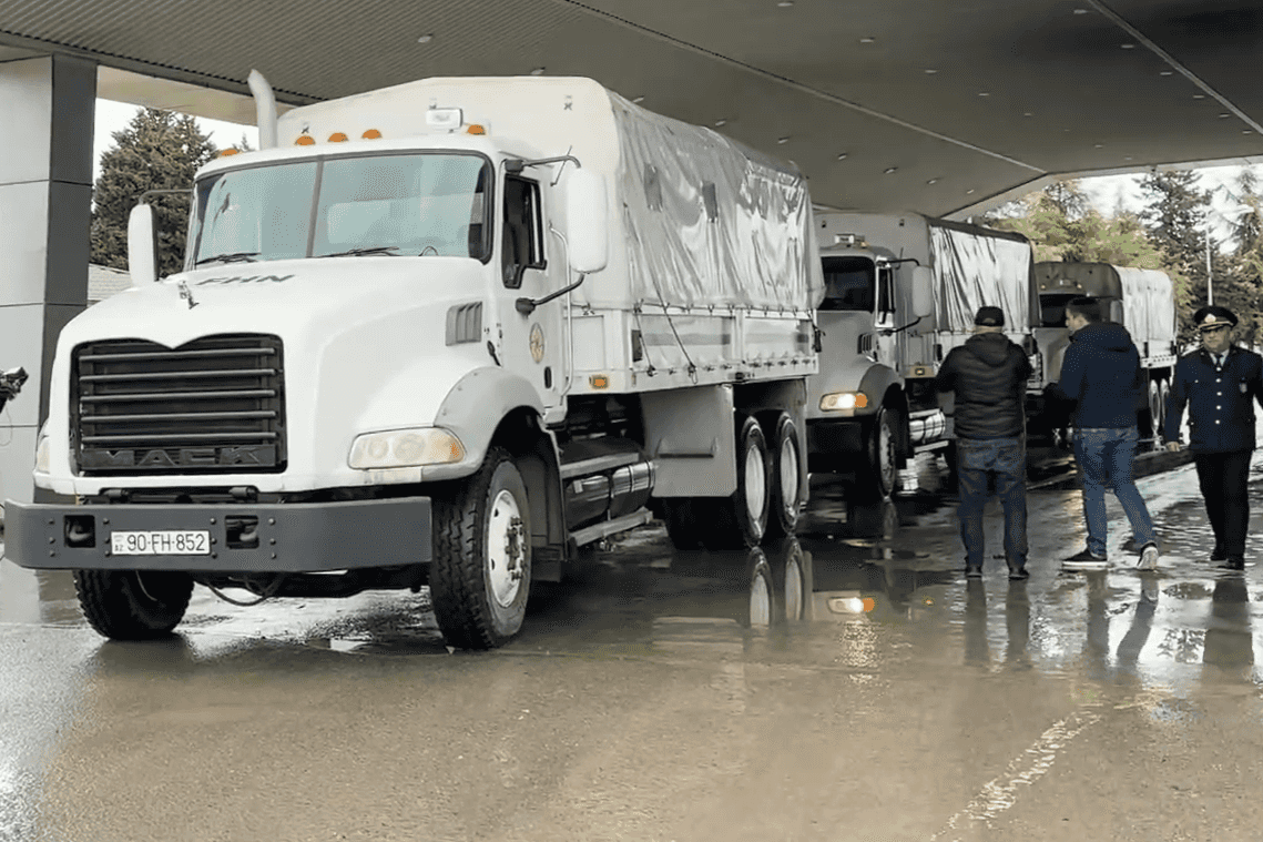 Humanitarian aid delivered to Astara, on the Azerbaijani-Iranian border. Screengrab from Azertac video.