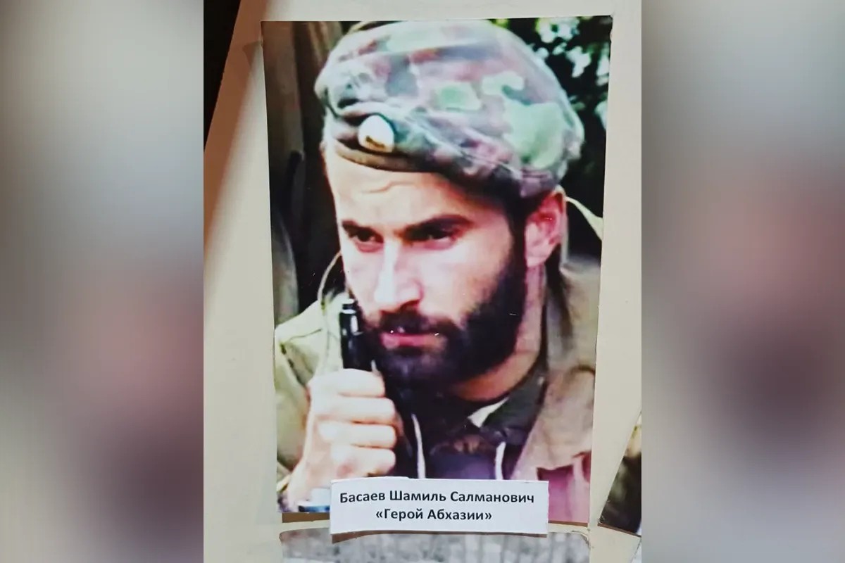 Photo of Shamil Basaev from the exhibition at a museum in Sukhumi. Photo: social media.